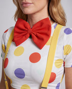Women's clown Halloween costume with polka dot crop top, striped shorts, yellow suspenders and red bow tie - view 2