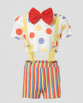 Women's clown Halloween costume with polka dot crop top, striped shorts, yellow suspenders and red bow tie - view 4