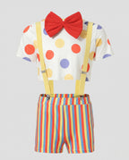Women's clown Halloween costume with polka dot crop top, striped shorts, yellow suspenders and red bow tie - view 4