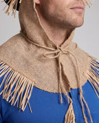 Men's scarecrow Halloween costume with blue fringed top, burlap-look hood, patched red pants, black hat and white gloves - view 2