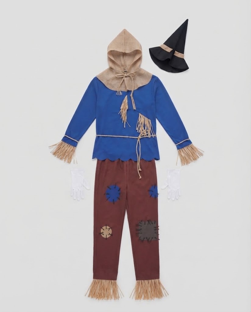 Men's scarecrow Halloween costume with blue fringed top, burlap-look hood, patched red pants, black hat and white gloves - view 4