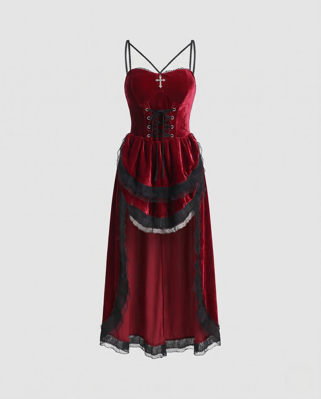 Gothic velvet costume dress with lace-up corset bodice, cross charm and lace-trimmed ruffled high-low skirt - view 4