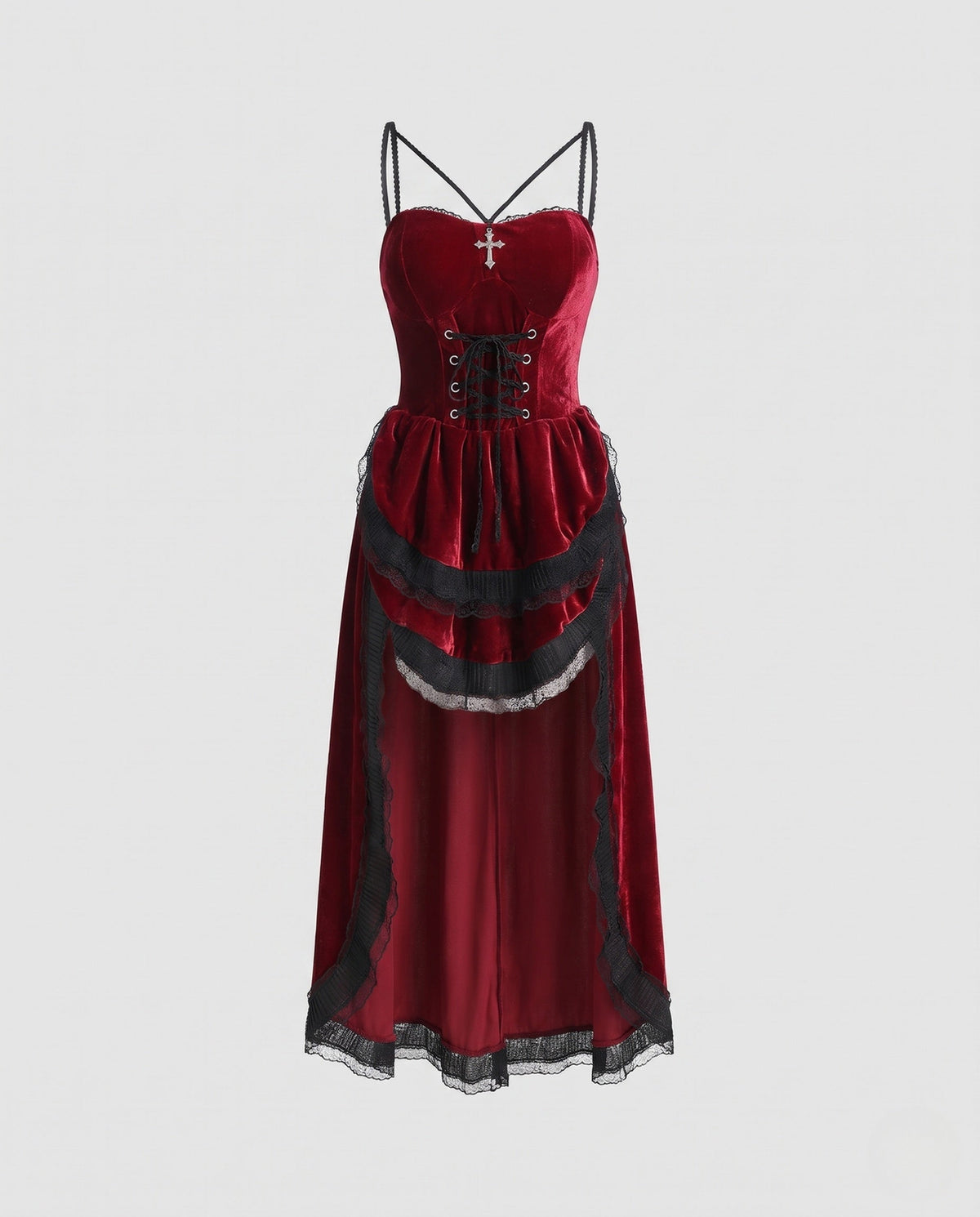 Gothic velvet costume dress with lace-up corset bodice, cross charm and lace-trimmed ruffled high-low skirt - view 4