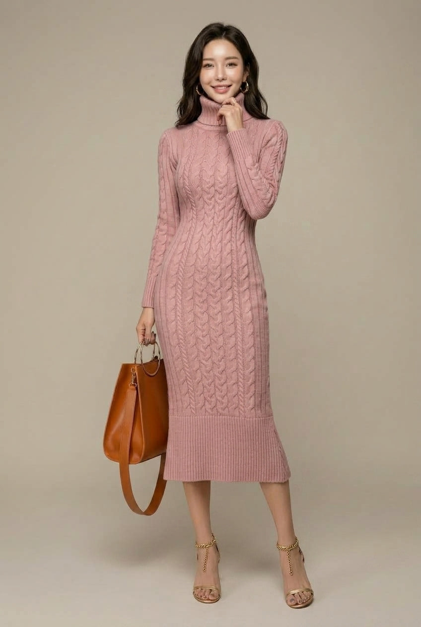 Emmeline cable knit turtleneck midi dress - view 4