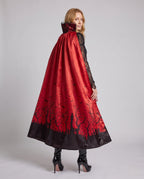 Women's vampire Halloween costume with lace sleeves and red graveyard-print cape - view 3