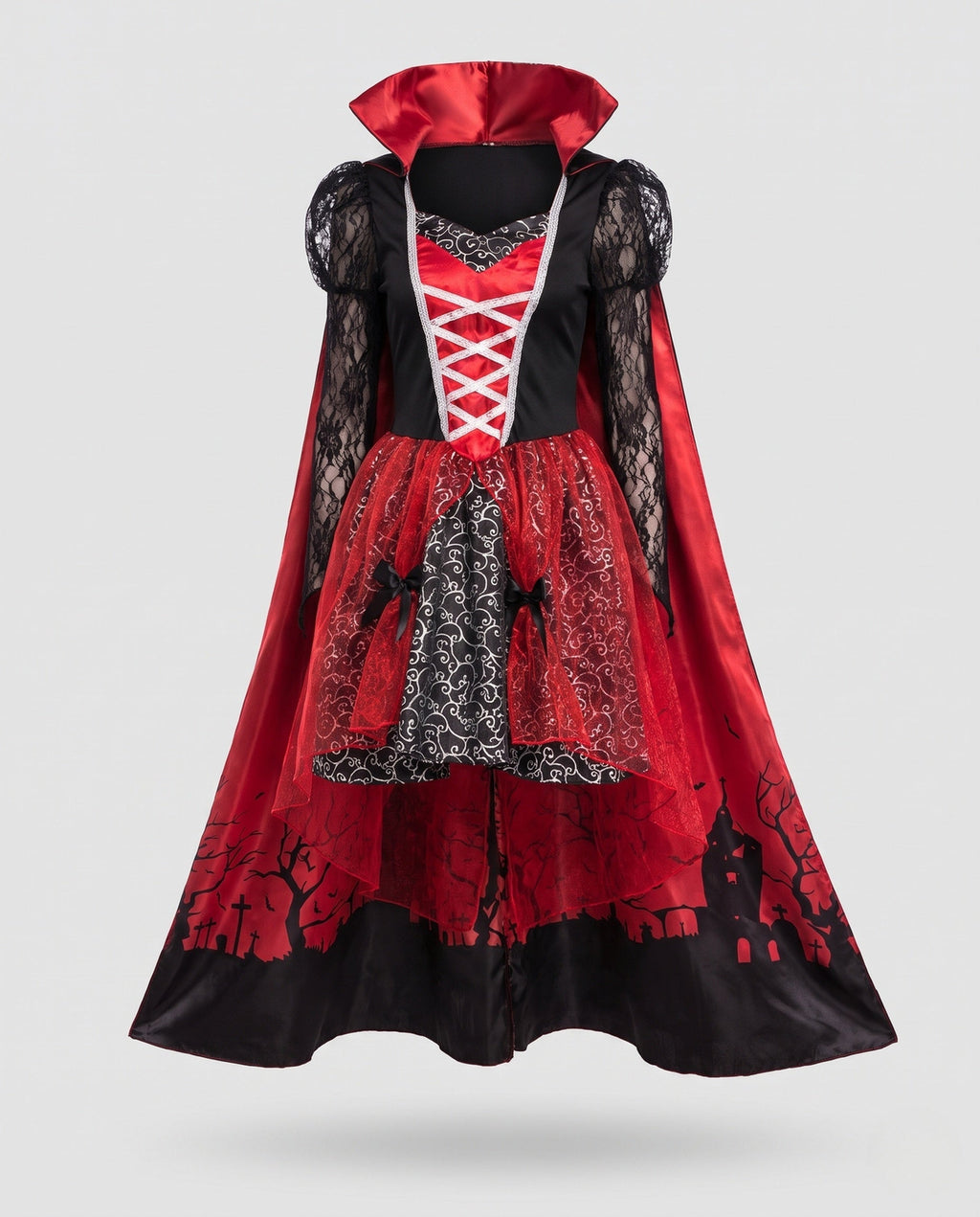 Women's vampire Halloween costume with lace sleeves and red graveyard-print cape - view 4