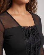Women's black gothic Halloween costume dress with sheer mesh sleeves, lace-up front and layered tulle hem - view 2