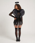 Women's black gothic Halloween costume dress with sheer mesh sleeves, lace-up front and layered tulle hem - view 3