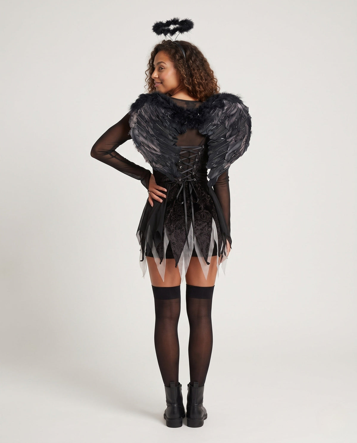 Women's black gothic Halloween costume dress with sheer mesh sleeves, lace-up front and layered tulle hem - view 3