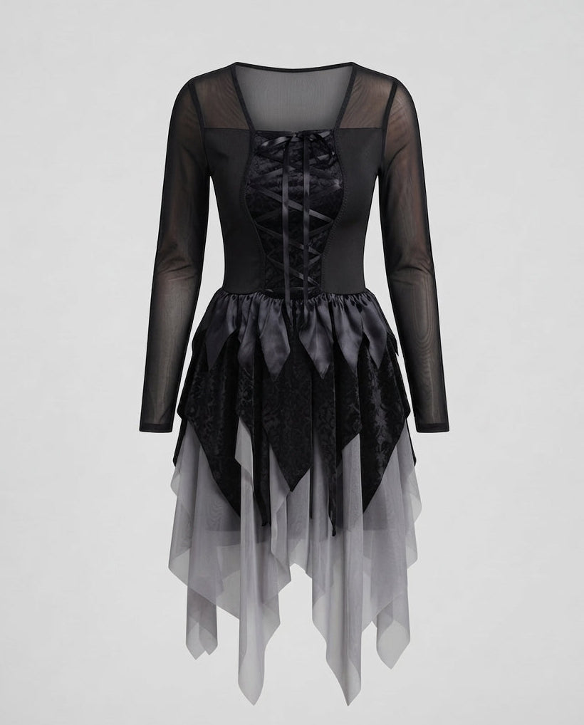 Women's black gothic Halloween costume dress with sheer mesh sleeves, lace-up front and layered tulle hem - view 4