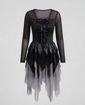 Women's black gothic Halloween costume dress with sheer mesh sleeves, lace-up front and layered tulle hem - view 4