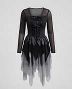Women's black gothic Halloween costume dress with sheer mesh sleeves, lace-up front and layered tulle hem - view 4