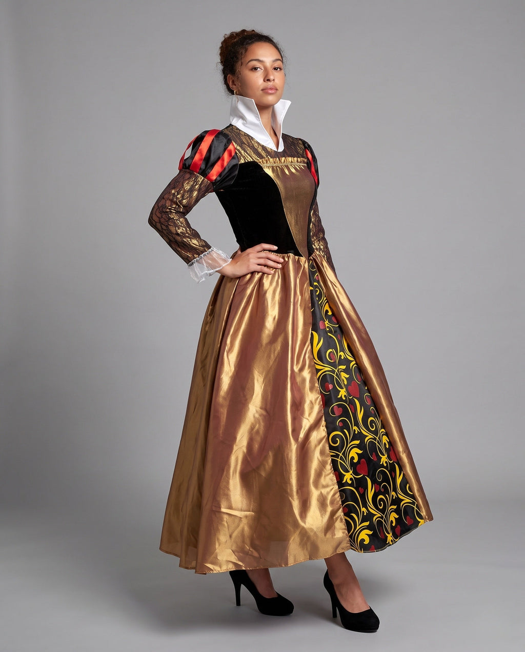 Women's queen Halloween costume with black velvet bodice, gold lace sleeves, white stand-up collar and full gold skirt with heart-print panel