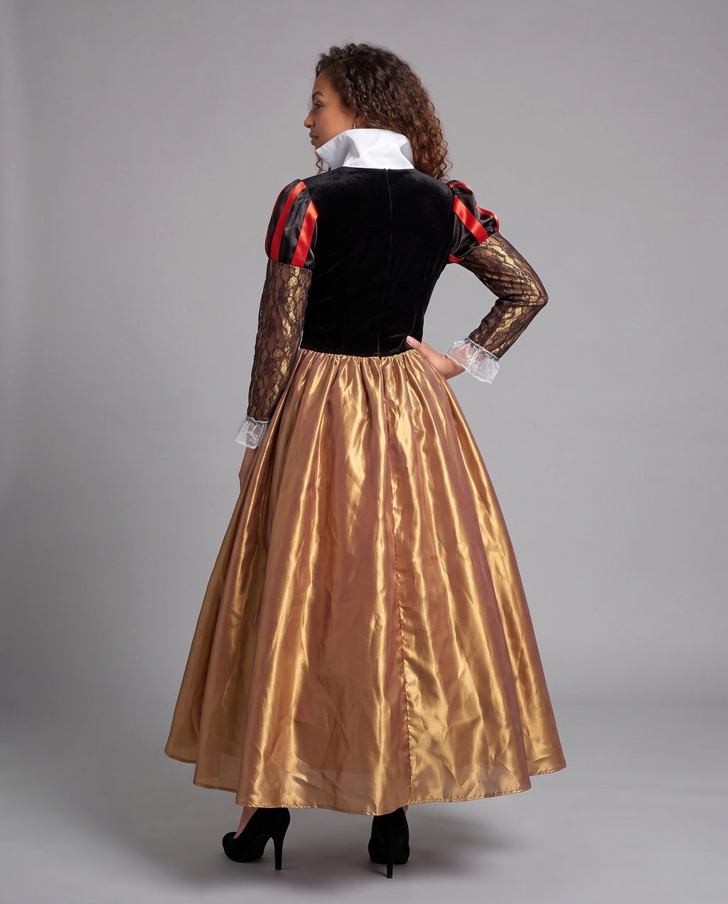Women's queen Halloween costume with black velvet bodice, gold lace sleeves, white stand-up collar and full gold skirt with heart-print panel - view 3