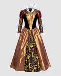Women's queen Halloween costume with black velvet bodice, gold lace sleeves, white stand-up collar and full gold skirt with heart-print panel - view 4