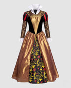 Women's queen Halloween costume with black velvet bodice, gold lace sleeves, white stand-up collar and full gold skirt with heart-print panel - view 4