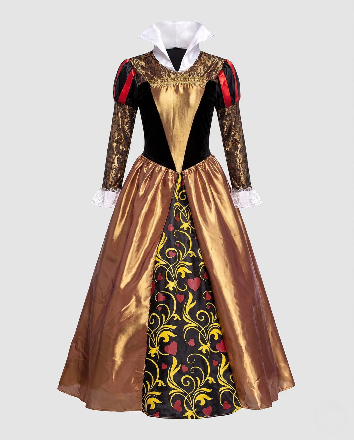 Women's queen Halloween costume with black velvet bodice, gold lace sleeves, white stand-up collar and full gold skirt with heart-print panel - view 4