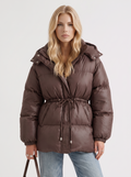 Brown women's puffer jacket with hood and cinched tie waist