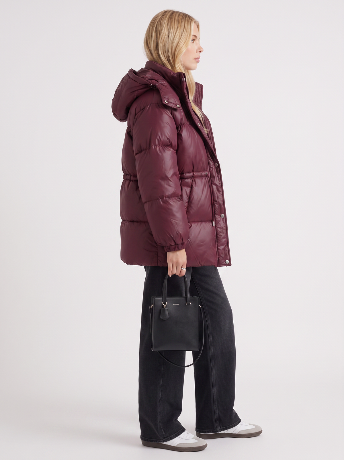 Brown women's puffer jacket with hood and cinched tie waist - view 10