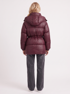 Brown women's puffer jacket with hood and cinched tie waist - view 11
