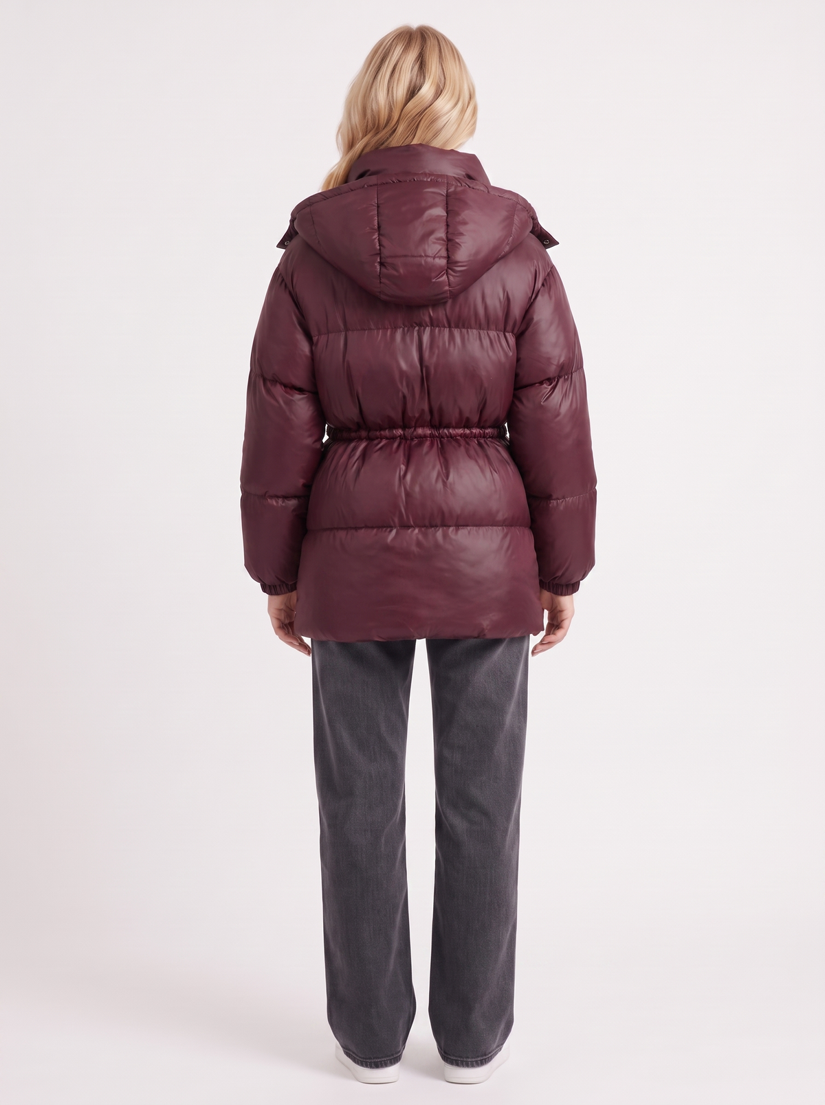 Brown women's puffer jacket with hood and cinched tie waist - view 11