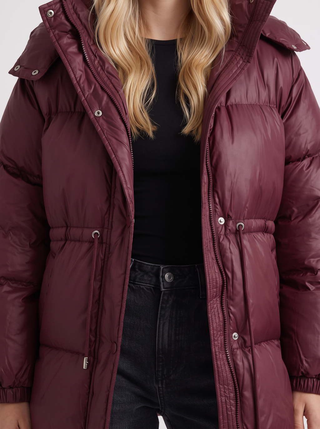 Brown women's puffer jacket with hood and cinched tie waist - view 12