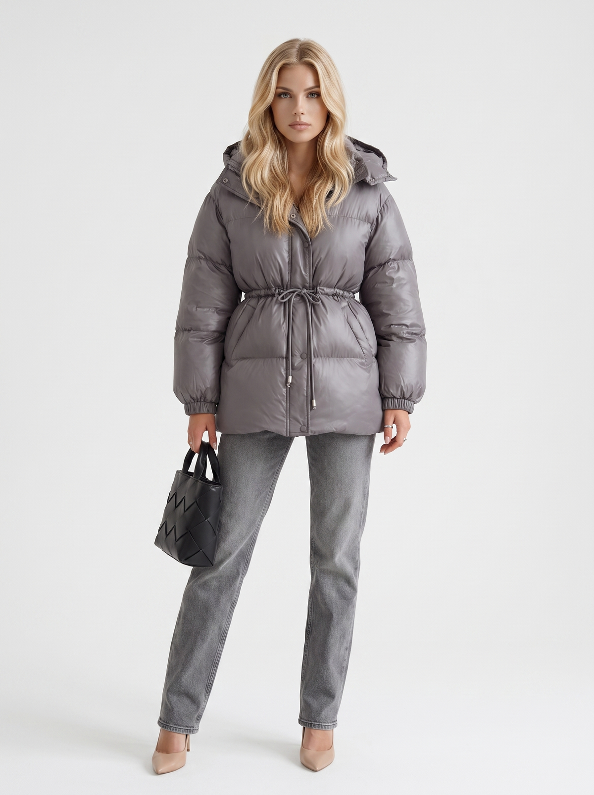 Brown women's puffer jacket with hood and cinched tie waist - view 14