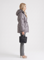Brown women's puffer jacket with hood and cinched tie waist - view 15