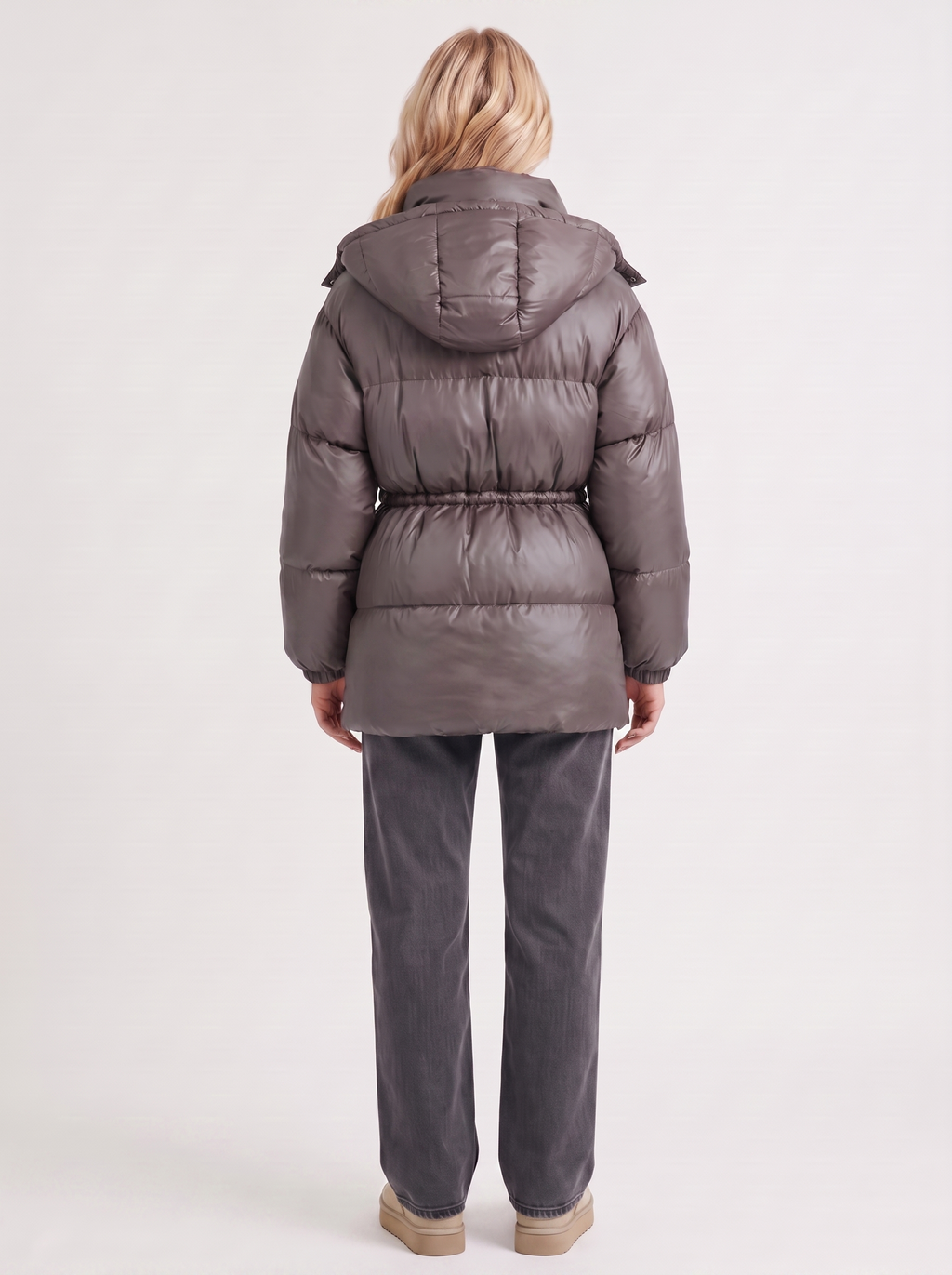 Brown women's puffer jacket with hood and cinched tie waist - view 16