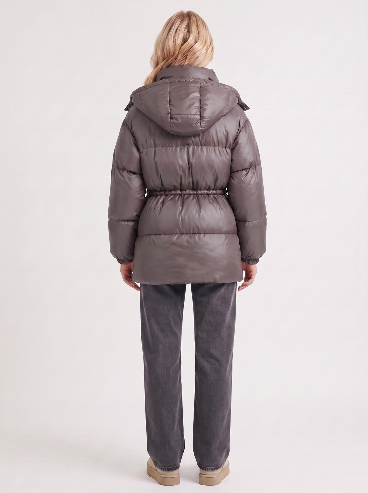 Brown women's puffer jacket with hood and cinched tie waist - view 16