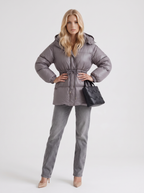 Brown women's puffer jacket with hood and cinched tie waist - view 17
