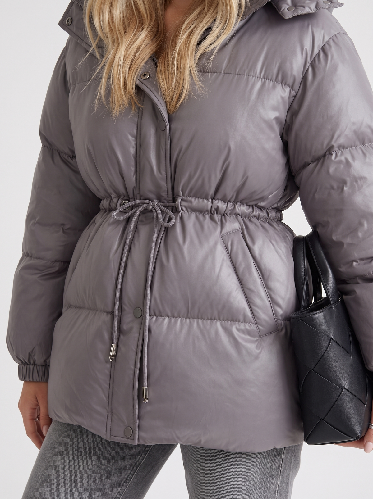 Brown women's puffer jacket with hood and cinched tie waist - view 18