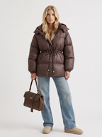 Brown women's puffer jacket with hood and cinched tie waist - view 2