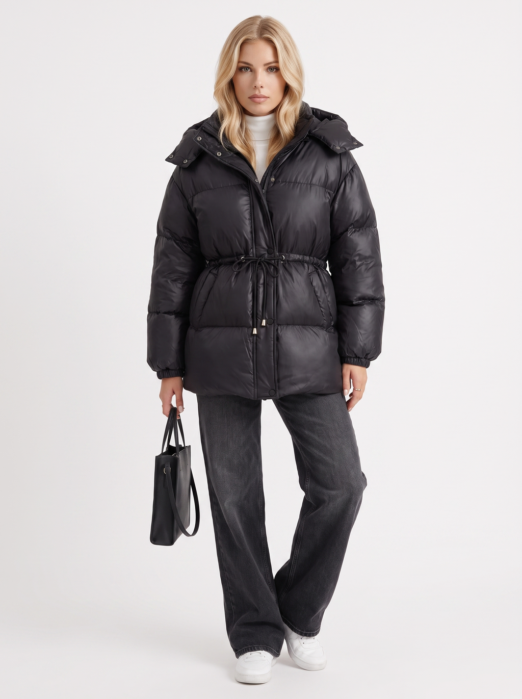Brown women's puffer jacket with hood and cinched tie waist - view 20