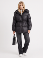Brown women's puffer jacket with hood and cinched tie waist - view 20