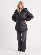 Brown women's puffer jacket with hood and cinched tie waist - view 21