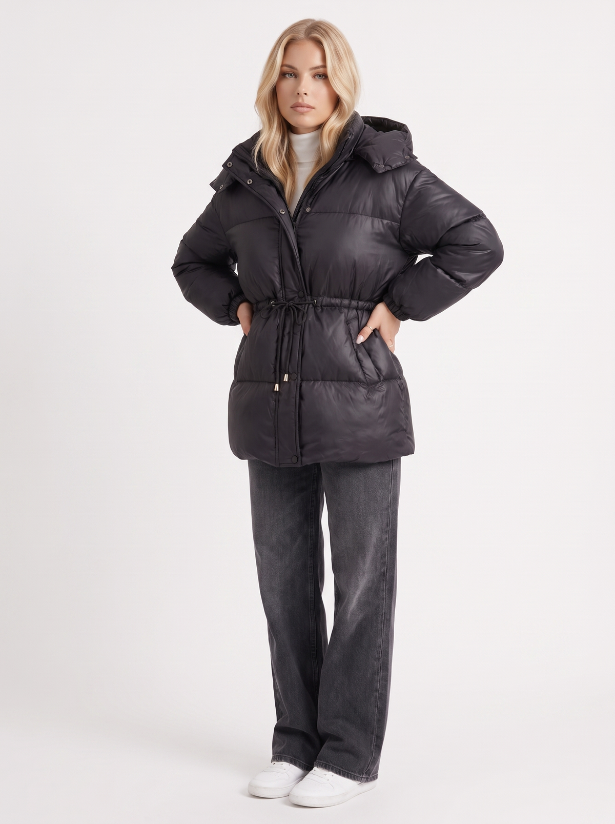 Brown women's puffer jacket with hood and cinched tie waist - view 21