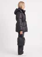 Brown women's puffer jacket with hood and cinched tie waist - view 22