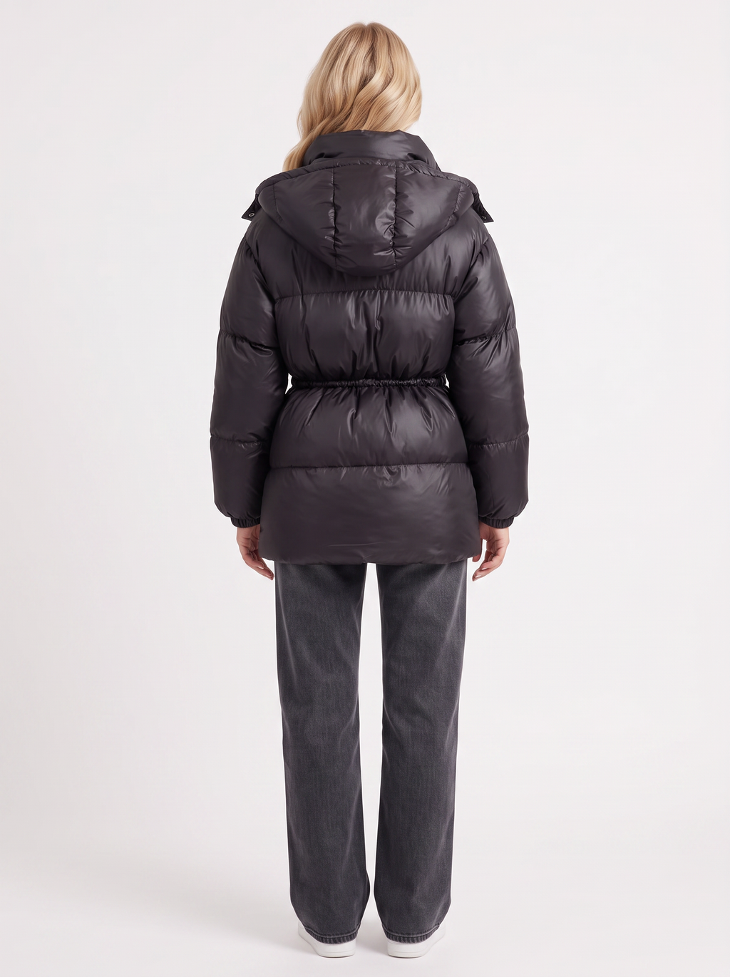 Brown women's puffer jacket with hood and cinched tie waist - view 23