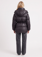 Brown women's puffer jacket with hood and cinched tie waist - view 23