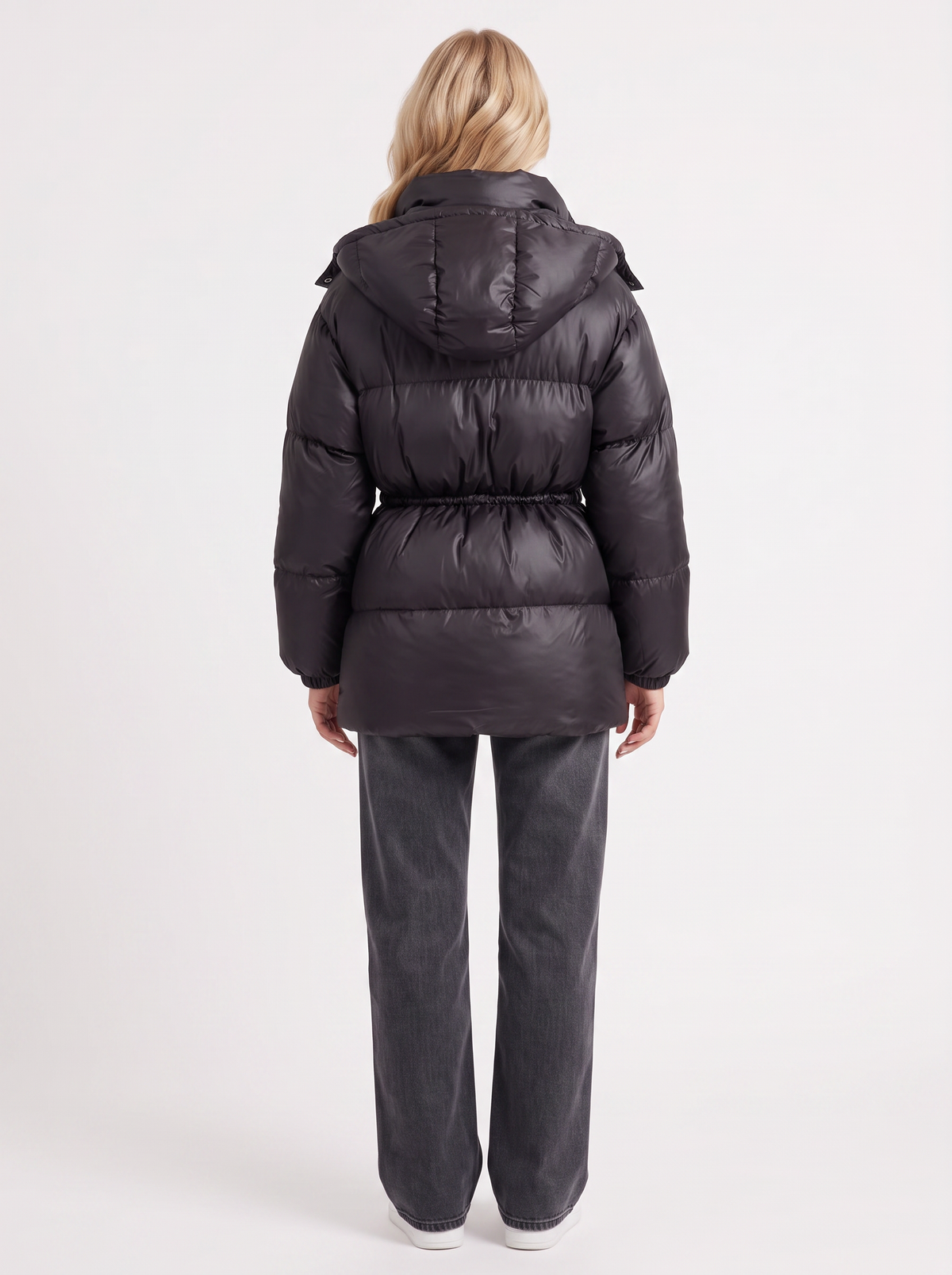 Brown women's puffer jacket with hood and cinched tie waist - view 23