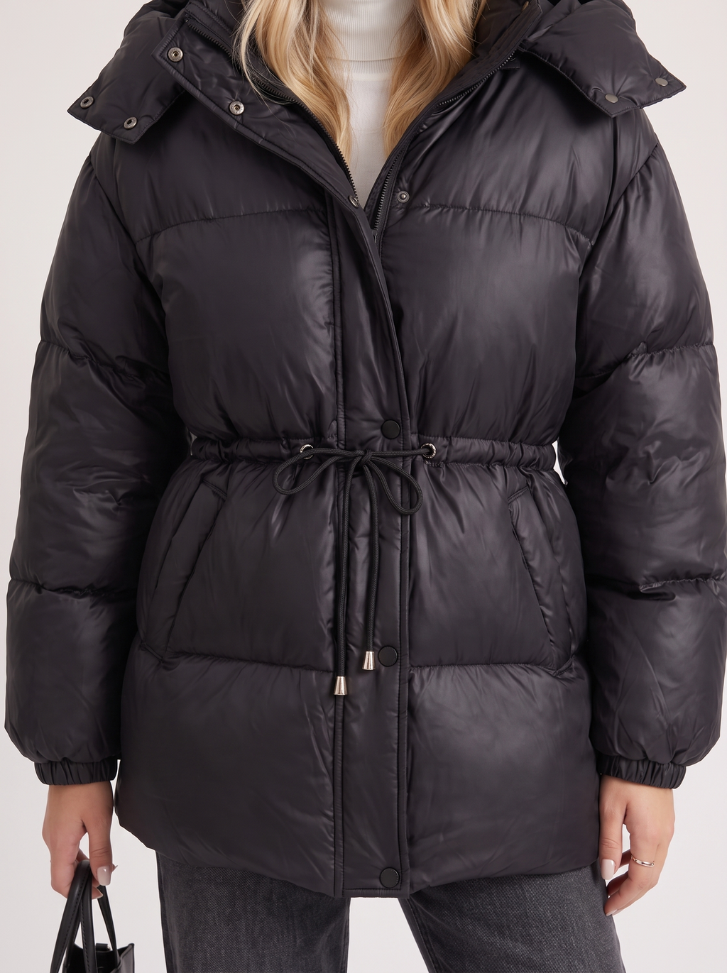 Brown women's puffer jacket with hood and cinched tie waist - view 24
