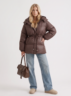 Brown women's puffer jacket with hood and cinched tie waist - view 3