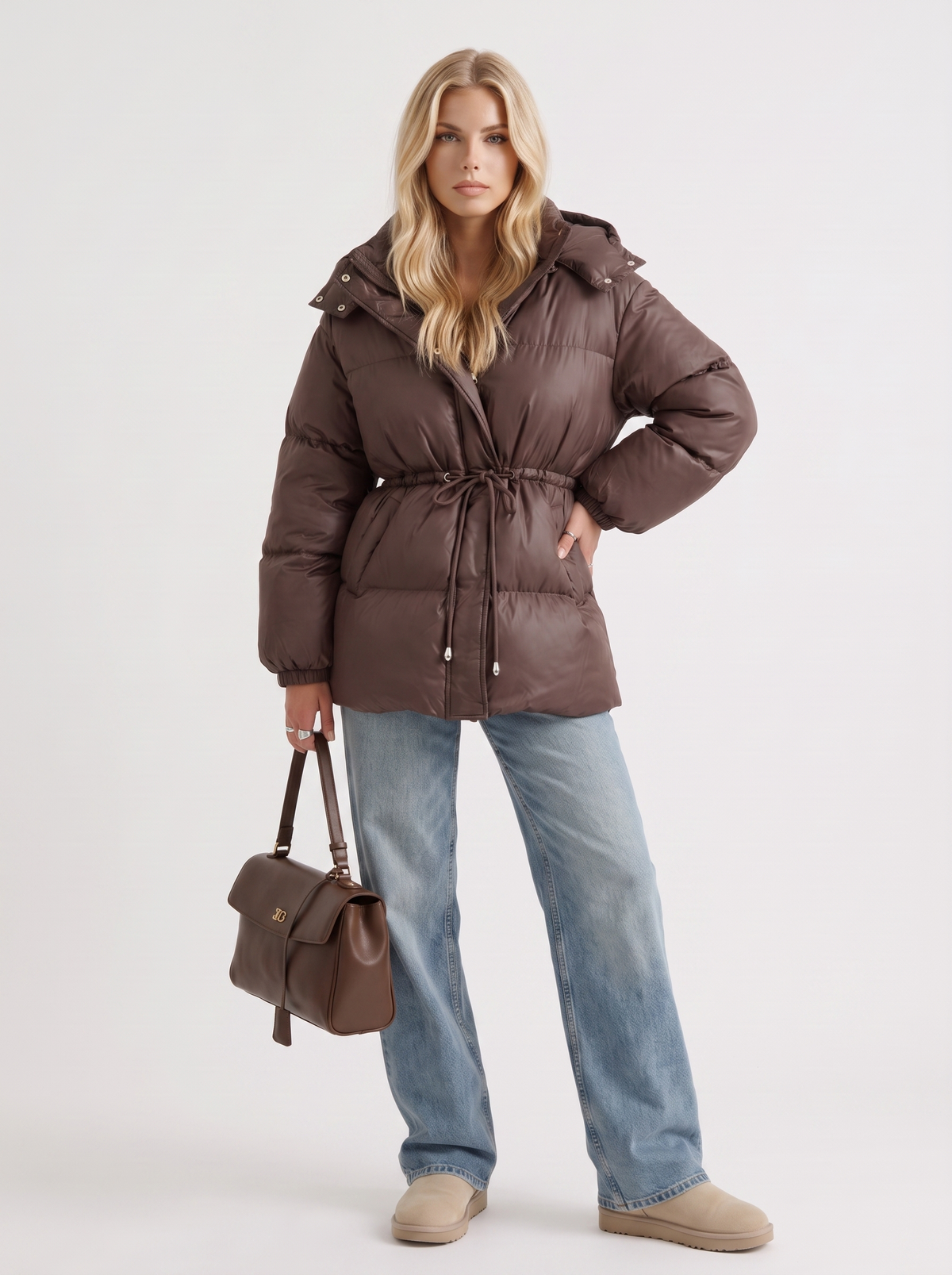 Brown women's puffer jacket with hood and cinched tie waist - view 3