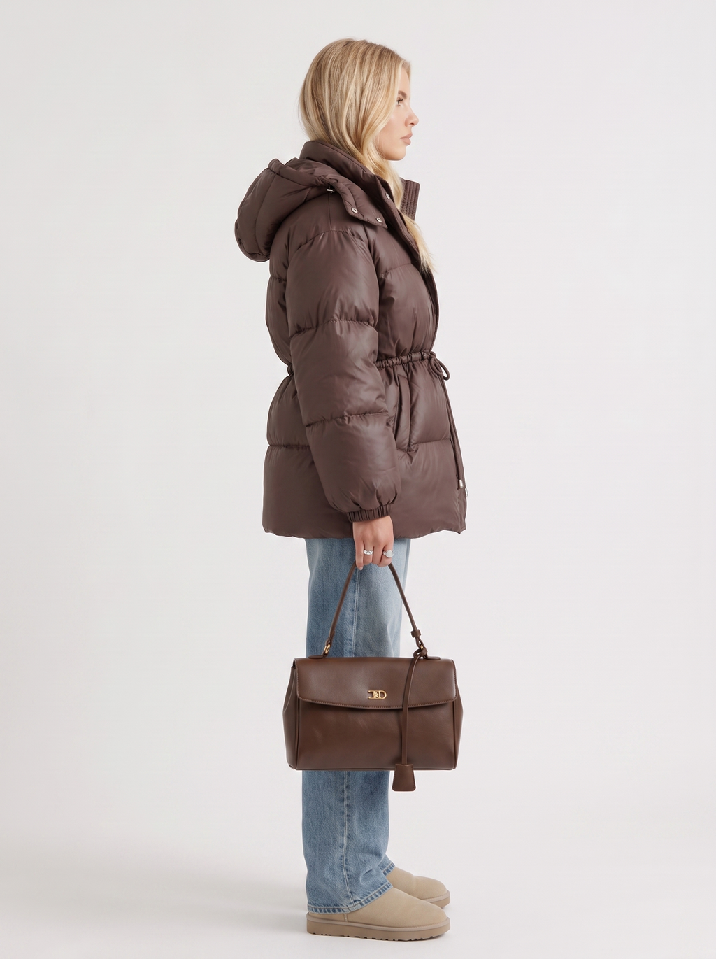 Brown women's puffer jacket with hood and cinched tie waist - view 4