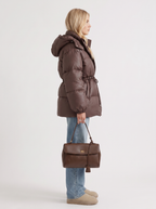 Brown women's puffer jacket with hood and cinched tie waist - view 4
