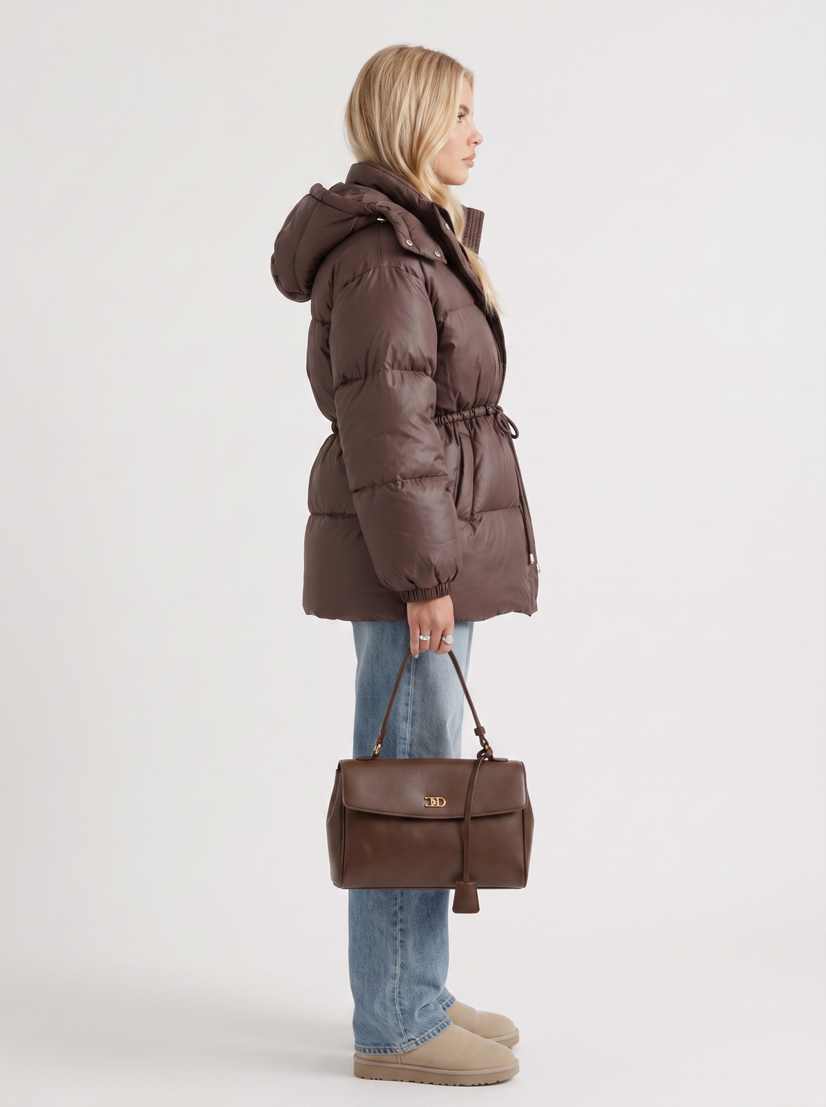 Brown women's puffer jacket with hood and cinched tie waist - view 4