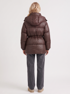 Brown women's puffer jacket with hood and cinched tie waist - view 5