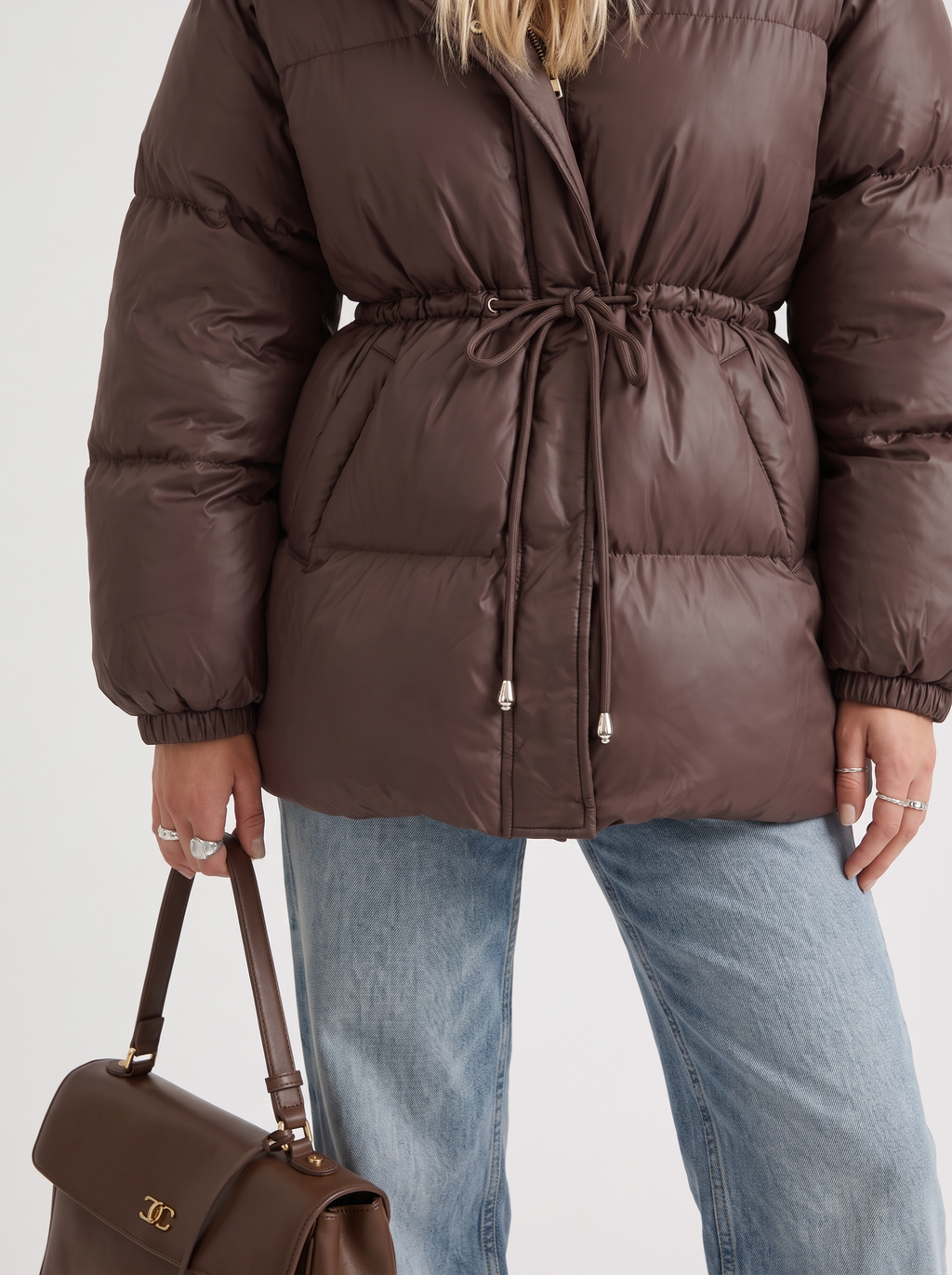 Brown women's puffer jacket with hood and cinched tie waist - view 6