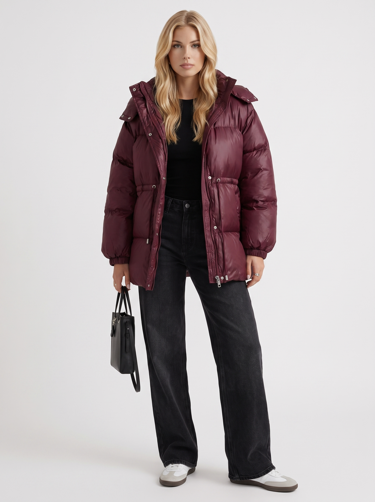 Brown women's puffer jacket with hood and cinched tie waist - view 8